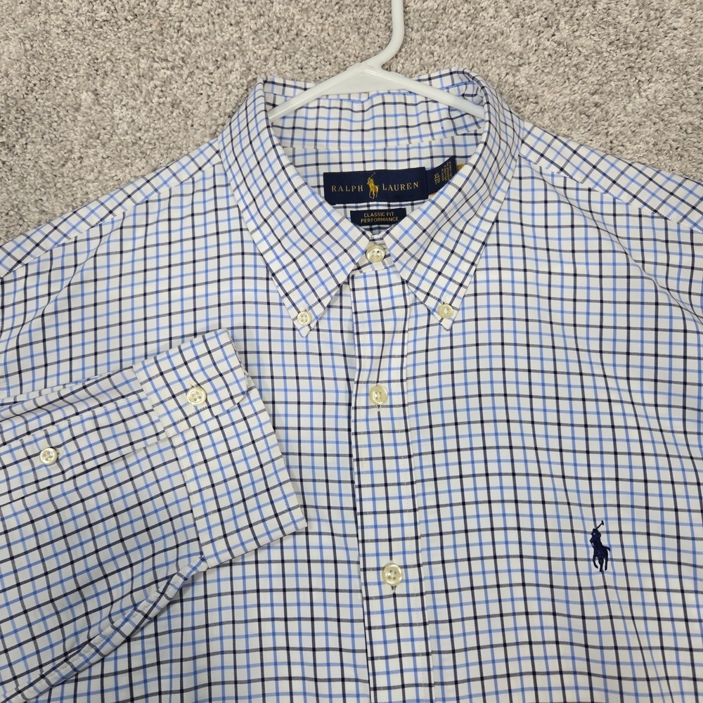 Ralph Lauren Classic Fit Checked Performance Shirt Men's XL long sleeve Blue